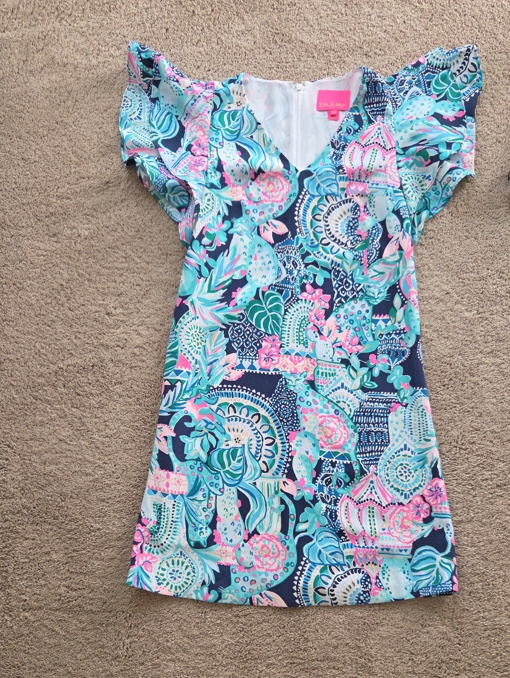 Lilly Pulitzer Navy, Aqua & Pink Tropical Print Flutter Sleeve Dress